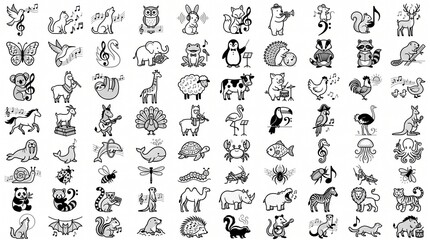 Obraz premium 40 animal icons, black and white illustrations, wildlife symbols, line art set