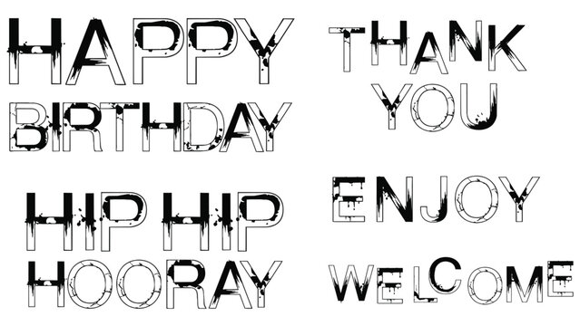 distressed grunge typography word collection happy birthday thank you welcome vector lettering set