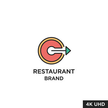 Minimalist restaurant brand logo with red circle and arrow