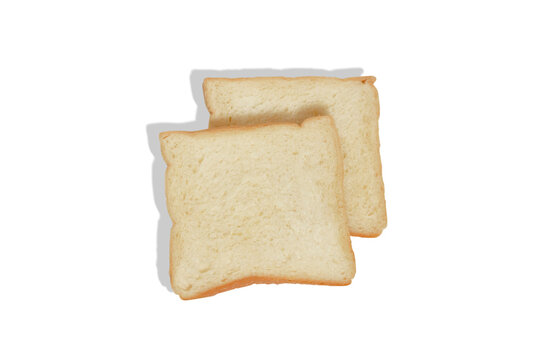 Two slices of white sandwich bread stacked and isolated on a transparent background, viewed from above. Simple bakery food concept with fresh toast bread for breakfast, cooking, and grocery themes.