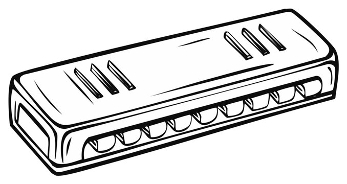 Hand drawn line art illustration of a harmonica musical instrument