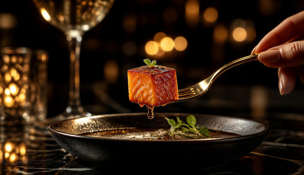  A person holding a fork above a cooked salmon fillet on a plate, ready to take a bite.