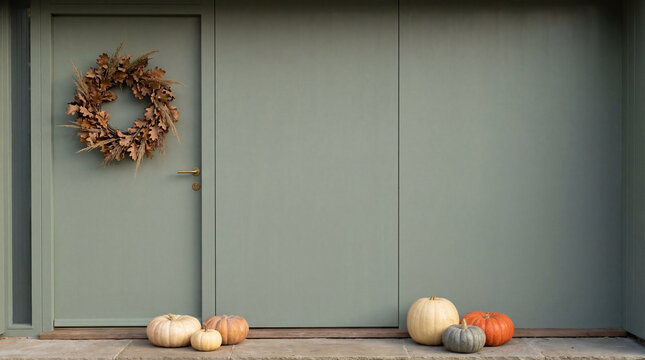 Modern front door with dried leaf wreath pumpkins on porch for autumn home entry seasonal harvest decor minimal exterior design cozy fall welcome copy space muted green wall porch styling