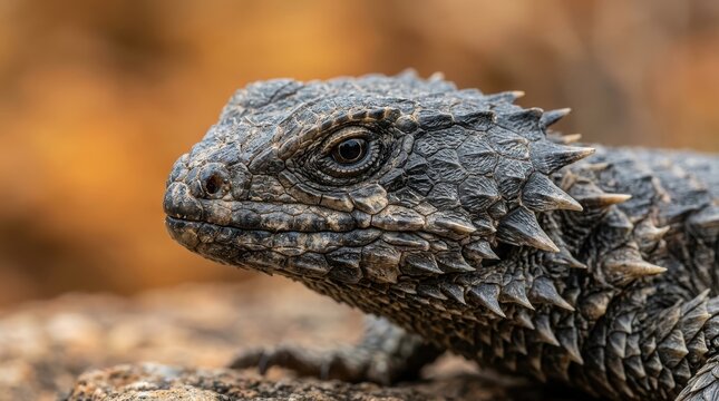 Close-up profile of a smaug giganteus lizard with spiky scales on a rocky surface