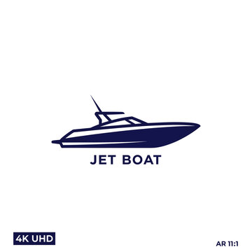 Modern jet boat illustration with bold text label.
