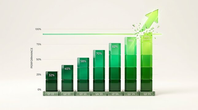 Glass bar chart isolated on white background. Concept of business growth, financial success, breaking limits, market performance, strategy, prosperity, investment.