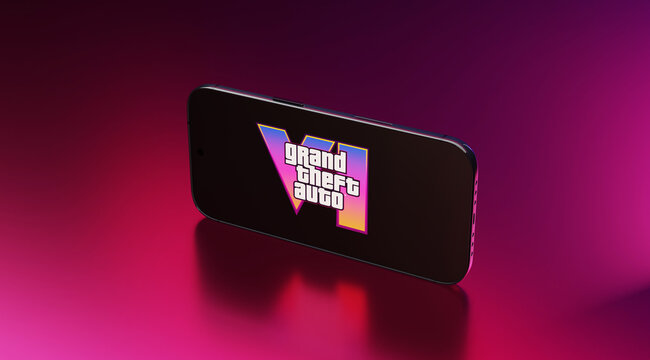 Grand Theft Auto GTA VI Logo on Black Smartphone, Video Game Gaming App Launch Brand Concept
