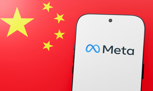 Meta Logo on Smartphone with China Flag, Social Media Technology Chinese Market Ban Concept
