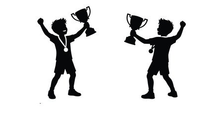Two jubilant boys holding trophies and medals depicted as a black silhouette achievement athlete award celebration champion child © Sumon