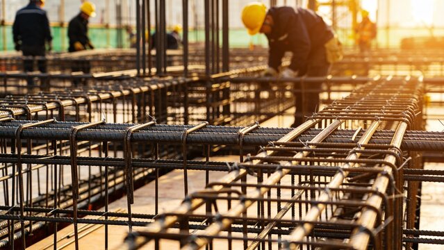 Steel rebar framework in sharp focus with construction workers wearing yellow helmets assembling structure in background