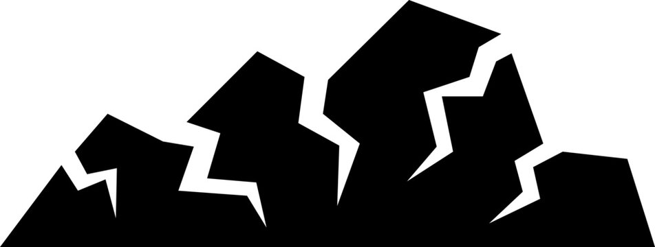 Large set of black crack silhouettes showing broken ground, shattered surfaces, and damaged earth effects in a minimalist graphic vector illustration style for destruction concepts . isolated on trans
