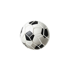 Fototapeta premium A classic soccer ball impacting a white nylon goal net in a minimalist studio, showing extreme tension and motion, triumphant athletic achievement atmosphere