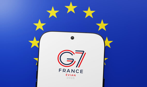G7 France Evian Summit Logo on Smartphone with European Union Flag, International Political Economy Event
