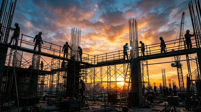 Construction workers on scaffolding at sunset, silhouetted against a bright orange sky