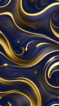 Abstract fluid patterns flowing curves of navy blue and metallic gold