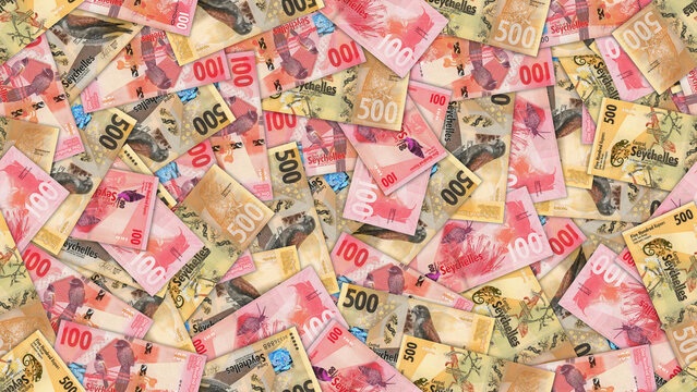 Seamless pattern illustration. Republic of Seychelles. Scattered banknotes, denomination of 100 and 500 rupees. Obverse, reverse. Financial background, economic wallpaper. Business textures. Money