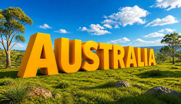 he word "Australia" displayed in a grassy field surrounded by trees, emphasizing the natural landscape.