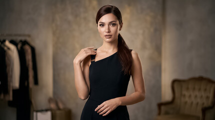 Fototapeta premium Beautiful young woman with dark hair wearing a stylish black dress poses elegantly for a professional high quality fashion photograph