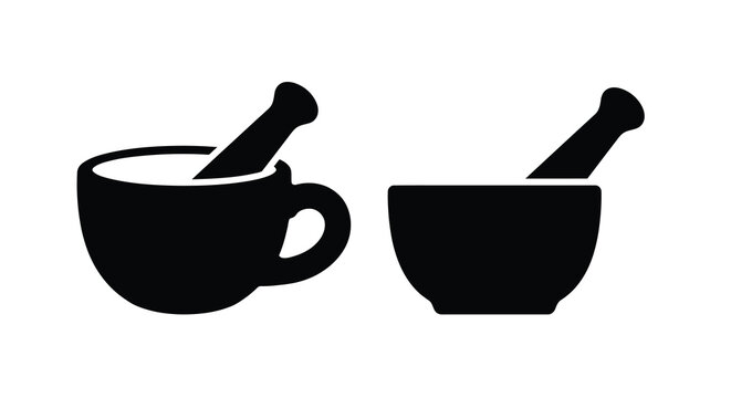 Two black silhouettes of mortar and pestle sets against a white background silhouette grinding bowl tool kitchen pharmacy
