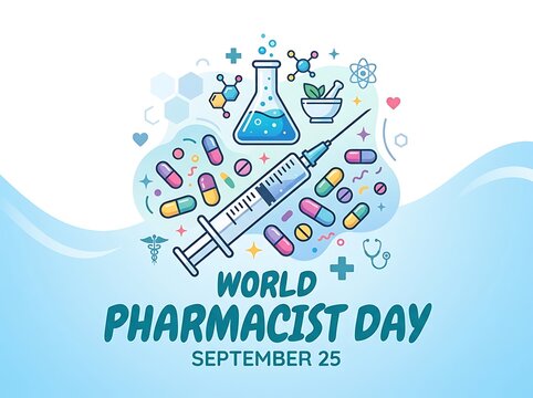 Colorful illustration celebrating world pharmacist day with pills syringe and medical icons perfect design