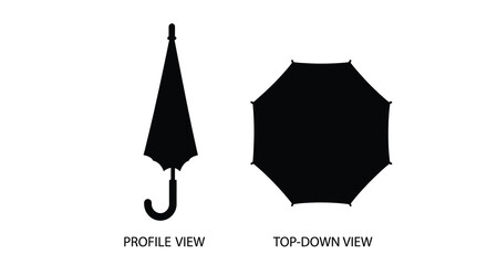 Black umbrella silhouettes in profile and top down views against a white background silhouette umbrellas parasol protection rain © Sumon