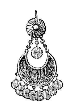 Ornate Oriental ear pendant with beads and floral motifs, old vintage illustration, 1897.