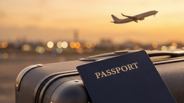 Passport and luggage ready for an airplane journey at sunset