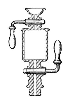 Lubricating cock with oil cup and two stopcocks, mechanical engraving, old vintage illustration, 1897.