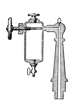 Continuous-action lubricator with internal valve and cross-section, old vintage illustration, 1897.