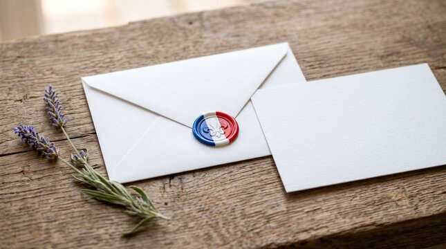 White envelope with French flag wax seal and lavender sprig on rustic wooden table