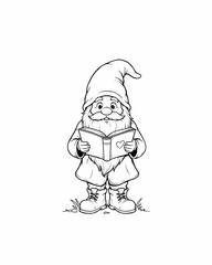 Obraz premium Black and white line art of a cute garden gnome reading a book.