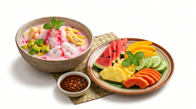 Indonesian fruit rujak paired with refreshing Es Doger dessert, isolated on white background for culinary concept.