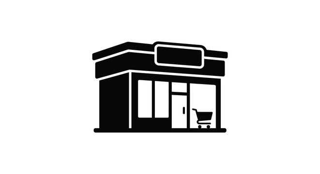 Storefront building with a shopping cart depicted as a black silhouette shop store retail facade commerce market boutique