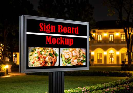 Outdoor restaurant lightbox signboard mockup at night