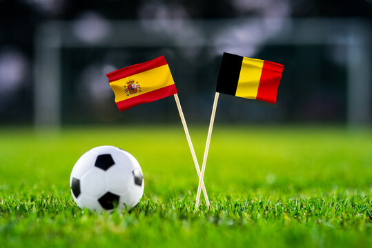 Spain vs Belgium, Quarterfinals, national flags before international football match, football on green grass with stadium in the background, SoFi Stadium, Inglewood, United States, July 10, 2026.