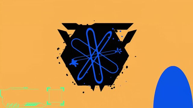 Futuristic science and nuclear physics logo concept. Blue atom orbital symbol over a distressed black geometric shield on a yellow background