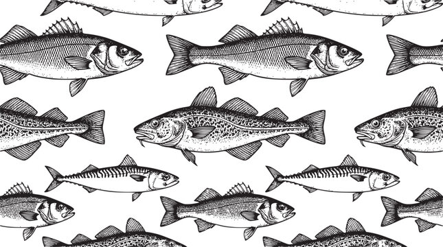 Set of vintage engraving style fish drawings. collection of various fish types with seaweed and water elements creating seamless pattern background. perfect for fishing designs.