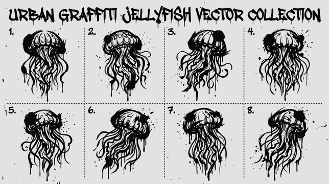Urban graffiti jellyfish vector collection eight unique designs