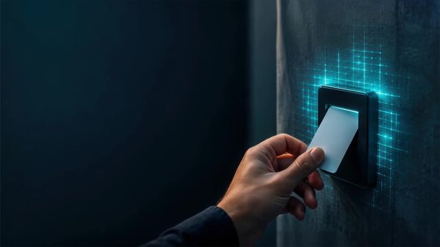 Hand card access security technology wall electronic system for modern blue authentication, swipe entry, digital identification, and secure safety