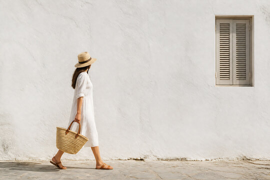 A woman in a white dress and straw hat carrying a woven bag walks against a bright white stucco wall with a louvered window.