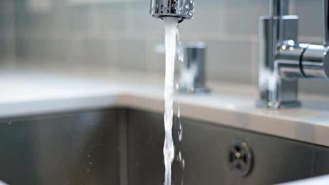 Water flowing from a modern kitchen faucet into a stainless steel sink, close-up shot.