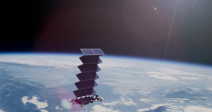 3D animation of a satellite with a folded blue solar panel stack floating above Earth's glowing atmospheric horizon in space.