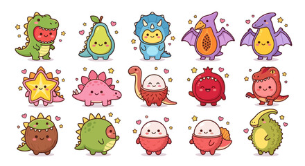 Kawaii fruit characters dressed in prehistoric dinosaur animal costumes. © ombg