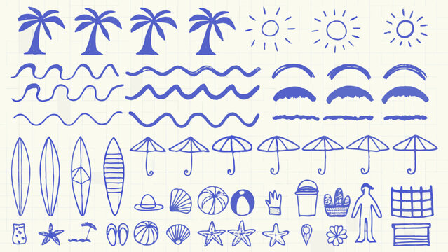Beach Doodles Collection Hand drawn Blue Vector Illustration On Graph Paper Background beachcombing beachside coast coastal drawing