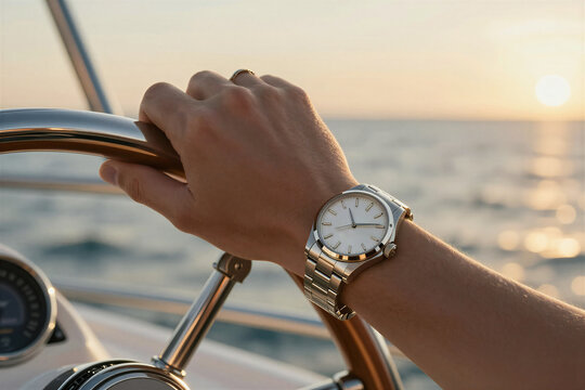Captures Close Of Adults Right Wrist As Hold Onto Steering Wheel Boat To Sunset Sunrise Given Warm Hues In Sky Reflection On Water
