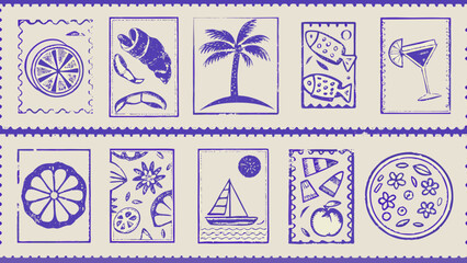 Collection of purple vector illustrations depicting citrus shells palm trees fish and travel motifs beach blue coconut © Riya