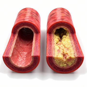 Cross section comparison between a healthy clean artery and an artery blocked with cholesterol plaque