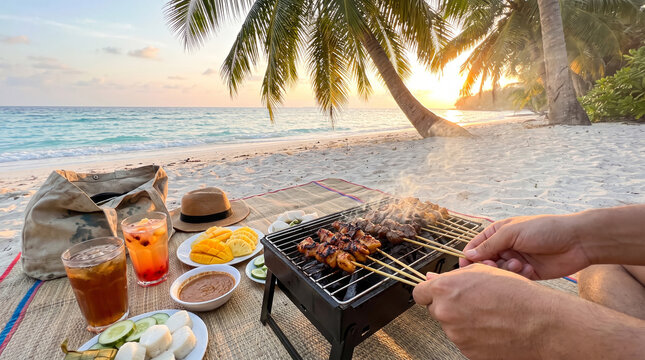 Hands grilling authentic satay over charcoal at a tropical beach, capturing outdoor cooking and relaxing vacation lifestyle.