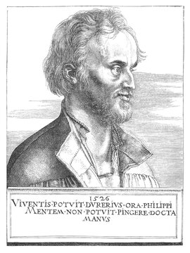 Portrait of Philipp Melanchthon with Latin inscription, old vintage illustration, 1894.