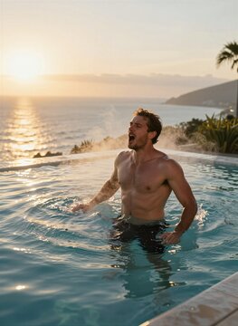 Captures Man Immersed In Outdoor Swimming Pool To Sunrise Sunset Given Warm Golden Hues Reflected On Waters Surface Sky Mid Action
